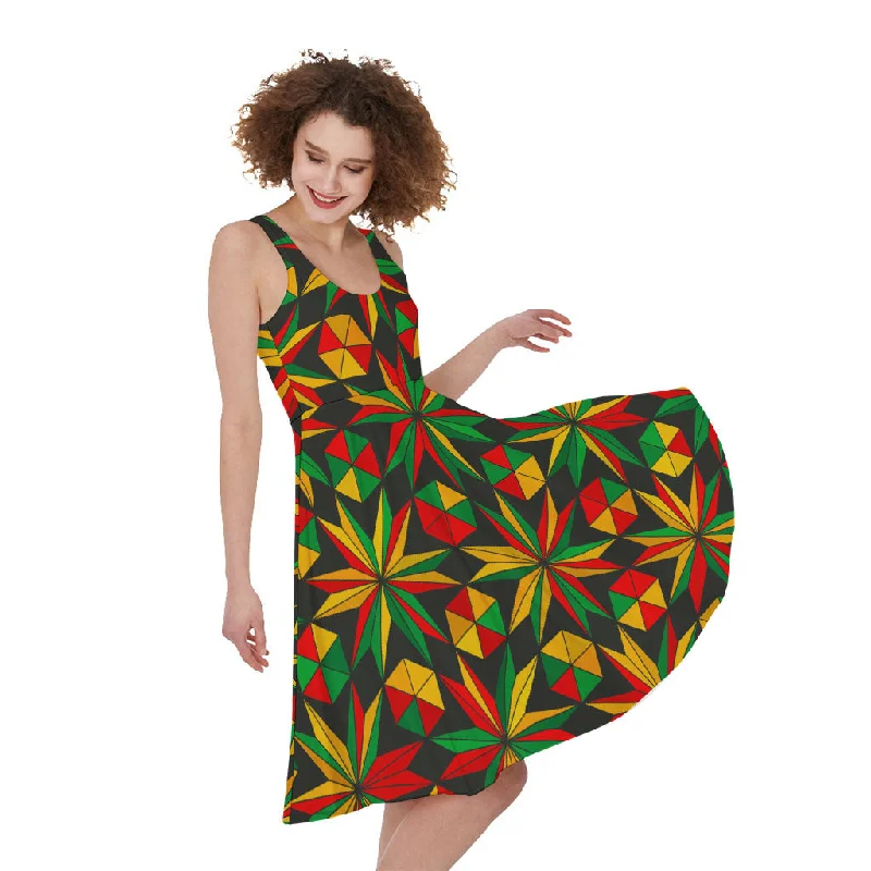 Abstract Geometric Reggae Pattern Print Sleeveless Knee Length Dress