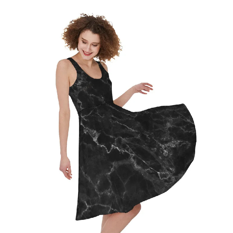 Black White Smoke Marble Print Sleeveless Knee Length Dress