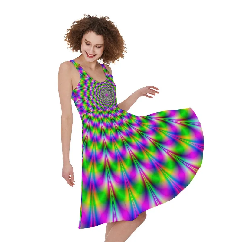 Neon Psychedelic Optical Illusion Sleeveless Knee Length Dress