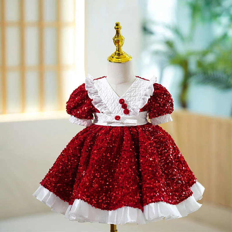 Baby Girl Red Christmas Birthday Party Dress Sequin Puffy Princess Dress