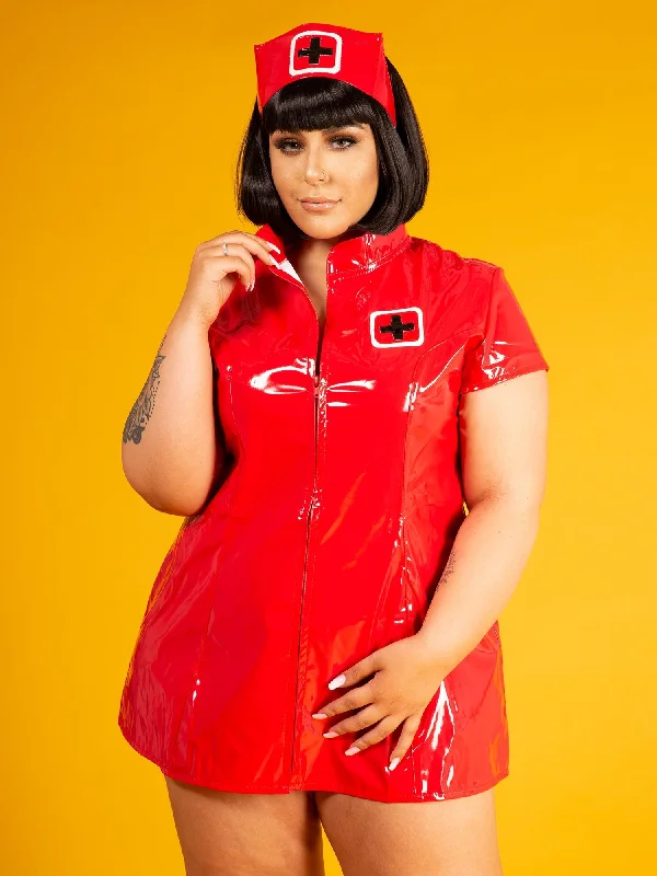 Plus Size PVC Sexy Nurse Dress in Red